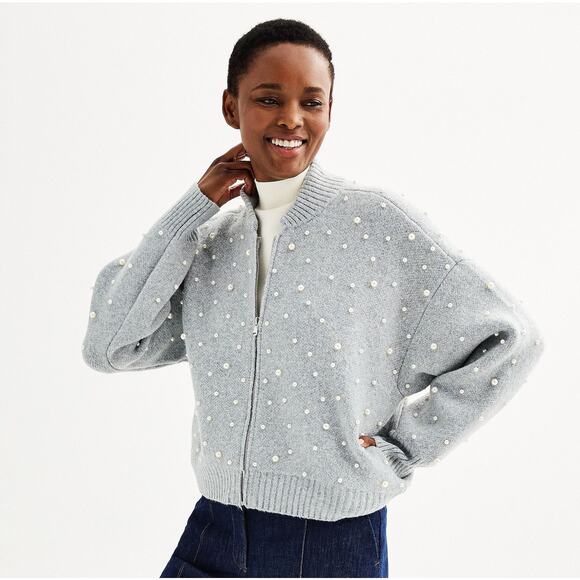 Nine West Gray Zip Front Pearl Knit Bomber Sweater Small - Picture 2 of 4